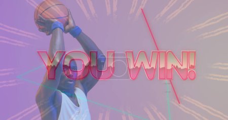 Photo for Image of you win text over neon pattern and african american basketball player. Sports, competition, image game and communication concept digitally generated image. - Royalty Free Image
