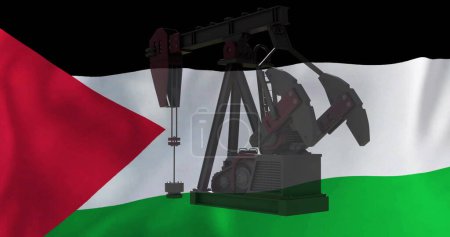 Photo for Image of oil rig over flag of palestine. Palestine israel conflickt, finance, business and oil industry concept digitally generated image. - Royalty Free Image