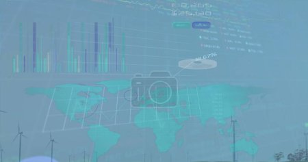 Image of graphs, charts with world map against wind turbines on field. Digital composite, multiple exposure, technology, power generation, sustainable energy, development, finance, economy.