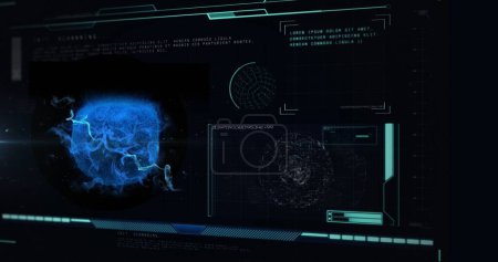 Image of covid 19 cell and medical data processing on screens. global covid 19 pandemic, medicine, research, technology, data processing and digital interface concept digitally generated image.