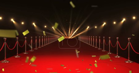 Digitales Bild von goldenem Konfetti, das auf den Bildschirm fällt, während der Hintergrund einen roten Teppich mit Barrieren und Lichtern zeigt 4k