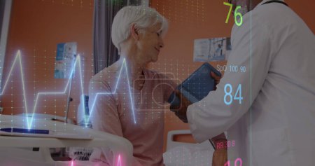 Photo for Image of cardiograph over diverse doctor and patient at hospital. Medicine, healthcare and digital interface concept concept digitally generated image. - Royalty Free Image