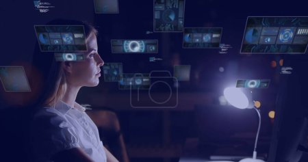 Image of scopes scanning and data processing over woman using computer. Global computing, connections, communication and data processing concept digitally generated image.
