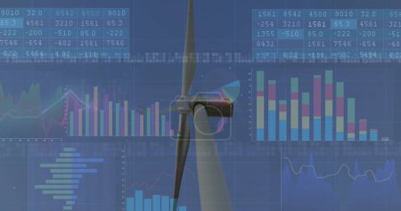 Bild der Finanzdatenverarbeitung über Windräder und Landschaft. globales Finanz-, Business- und digitales Schnittstellenkonzept digital generiertes Image.