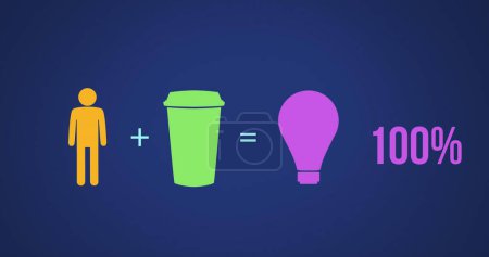 Téléchargez les photos : Image de mâle, tasse de café et ampoule forme dans l'équation et pourcentage croissant de zéro à cent remplissage en vert, violet et jaune sur fond bleu foncé 4k - en image libre de droit
