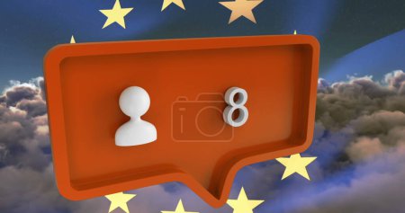 Foto de Imagen del icono de la gente con números en la burbuja del habla con la bandera de la unión europea y nubes. concepto global de comunicación y redes sociales imagen generada digitalmente. - Imagen libre de derechos