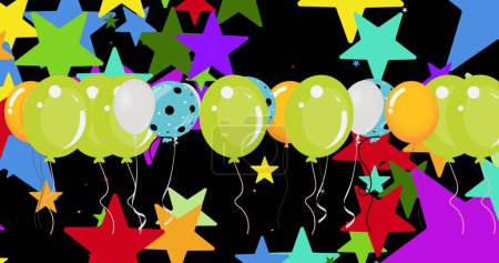 Image of stars and balloons on black background. Universal childrens day and celebration concept digitally generated image.