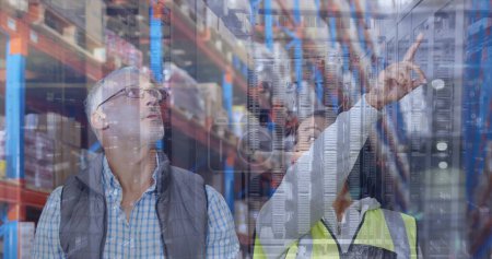 Photo for Image of mosaic squares over diverse male supervisor and female worker working at warehouse. Logistics and business technology concept - Royalty Free Image