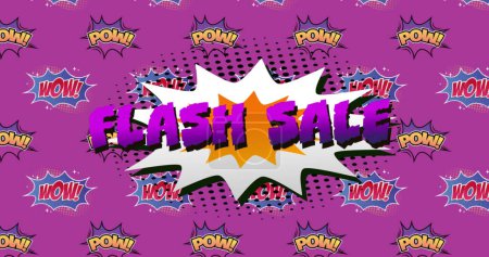 Photo for Image of purple Flash Sale on speech bubble over the Pow! and Wow! text written over cartoon retro speech bubbles on purple background. Vintage comic concept digitally generated image. - Royalty Free Image