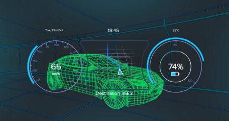 Image of car interface over digital car model on black background. global transport, technology and digital interface concept digitally generated image.