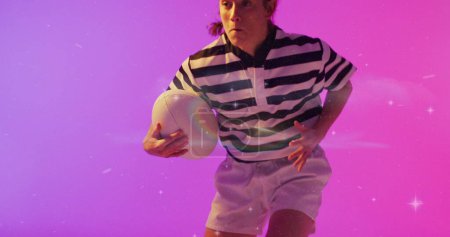 Image of flickering light over female rugby player on neon background. Sports and communication concept digitally generated image.