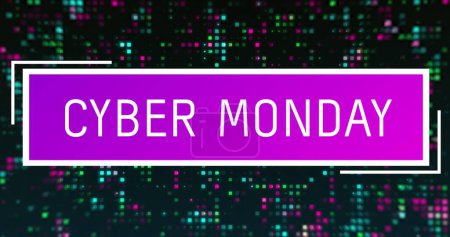 Image of cyber monday sale over black background with green, blue and pink lights. Shopping, sales and promotions concept digitally generated image.