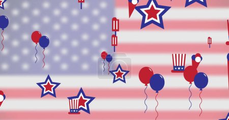 Foto de Imagen de estrellas, globos y sombreros de copa sobre bandera de estados unidos de fondo americano. Independencia americana, tradición y concepto de celebración imagen generada digitalmente. - Imagen libre de derechos