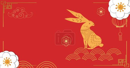 Téléchargez les photos : Image de motif chinois et lapin année décoration sur fond rouge. Nouvel an chinois, fête, célébration et concept de tradition image générée numériquement. - en image libre de droit