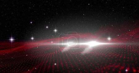 Foto de Imagen de malla abstracta con manchas rojas brillantes flotando y ondeando con estrellas sobre fondo negro. concepto de color y movimiento imagen generada digitalmente. - Imagen libre de derechos