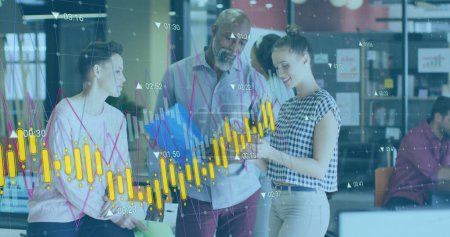 Photo for Image of multiple graphs, changing numbers, diverse coworkers standing and discussing reports. Digital composite, multiple exposure, business, growth, planning, teamwork and technology concept. - Royalty Free Image