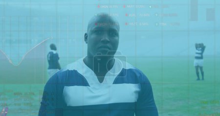 Photo for Image of statistics over rugby players. global sports, technology, digital interface and connections concept digitally generated image. - Royalty Free Image