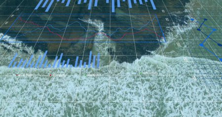 Photo for Image of infographic interface over aerial view of waves splashing in ocean. Digital composite, multiple exposure, report, finance, business, water, graph, drone and technology concept. - Royalty Free Image