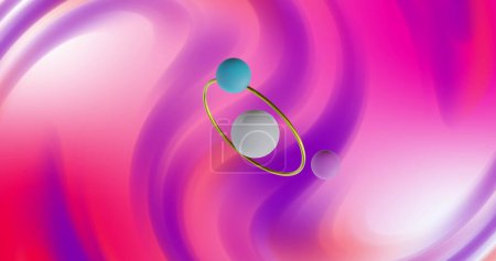 Image of 3d multicoloured spheres on vibrant pink and purple background. Abstract, colour, shape and movement concept digitally generated image.