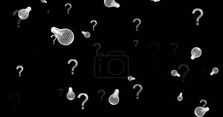 Photo for Image of light bulb icons and question marks on black background. Education, learning, knowledge, science and digital interface concept digitally generated image. - Royalty Free Image