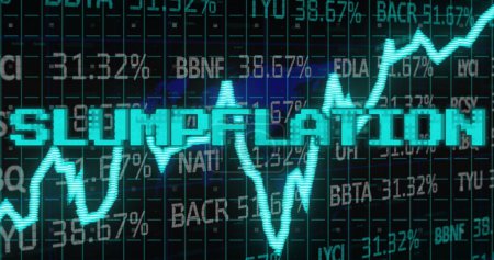 Photo for Image of slumpflation text in blue over graph and financial data processing. Global business economy, stagnation, inflation and digital communication concept digitally generated image. - Royalty Free Image