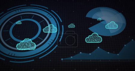 Image of cloud icons, scope scanning and data processing. Global cloud computing, digital interface and data processing concept digitally generated image.