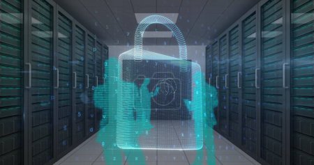 Photo for Image of cyber attack warning and padlock over silhouettes of people in server room. global internet security, connections and data processing concept digitally generated image. - Royalty Free Image