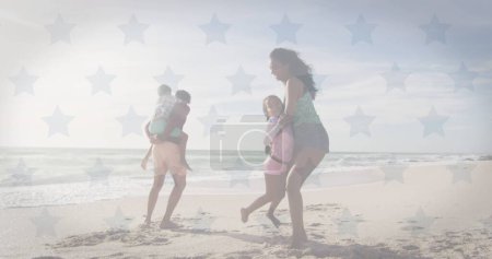 Photo for Image of flag of united states of america over biracial couple with children by seaside. American patriotism, diversity and tradition concept digitally generated image. - Royalty Free Image