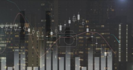 Imagen digital de diferentes gráficos moviéndose en la pantalla con fondo de la ciudad con edificios altos 4k