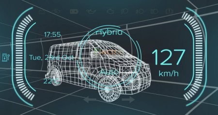 Bild der Auto-Schnittstelle über digitales Van-Modell auf schwarzem Hintergrund. globales Transport-, Technologie- und digitales Schnittstellenkonzept digital generiertes Bild.