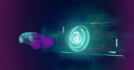 Image of 3d car drawing, scope scanning and data processing. global technology, car industry, data processing and digital interface concept digitally generated image.