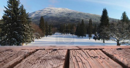 digitales Komposit einer Holzterrasse mit einem Hintergrund eines schneebedeckten Feldes mit Blick auf einen Berg und Kiefern 4k