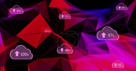 Photo for Digital image of Multiple cloud icons with arrow and increasing percentage over multi color plexus network against black background. Global networking and connection concept - Royalty Free Image