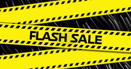 Image of flash sale on yellow tape over black background with lines. Shopping, sales and promotions concept digitally generated image.