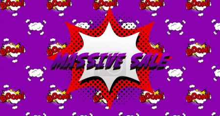Photo for Image of purple Massive Sale on speech bubble over the Boom! text written over cartoon retro speech bubbles on purple background. Vintage superhero comic concept digitally generated image. - Royalty Free Image