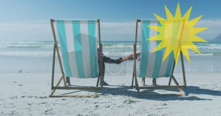 Photo for Image of sun over senior african american couple lying on sunbeds on sunny beach. healthy and active retirement beach holiday concept digitally generated image. - Royalty Free Image