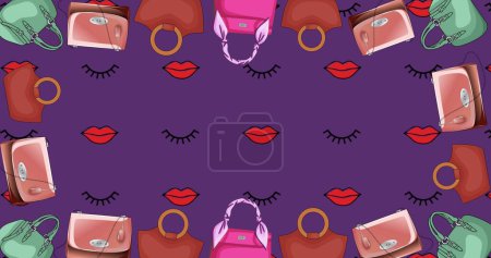 Téléchargez les photos : Image de sacs, lèvres et cils sur fond violet. Entreprise de mode, achats et accessoires concept image générée numériquement. - en image libre de droit