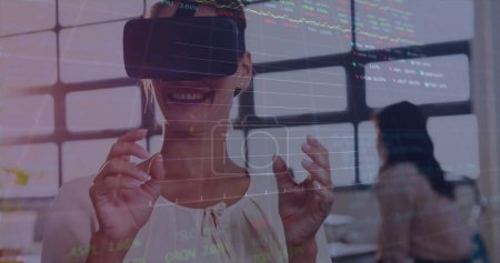 Photo for Image of data processing over caucasian woman using vr headset. Global business and digital interface concept digitally generated image. - Royalty Free Image
