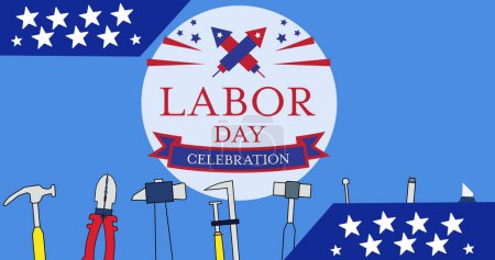 Photo for Image of labor day celebration text and tools icons over blue background. patriotism and celebration concept digitally generated image. - Royalty Free Image