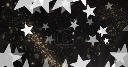 Téléchargez les photos : Image de flocons de neige et d'étoiles sur fond noir. Noel, tradition et concept de célébration image générée numériquement. - en image libre de droit
