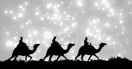 Téléchargez les photos : Image de taches lumineuses sur les sages de Noël sur des chameaux sur fond gris. Noël, tradition, mouvement de célébration et concept de couleur image générée numériquement. - en image libre de droit