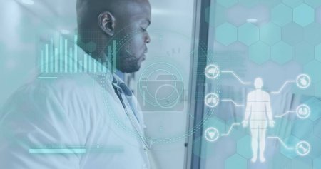 Image de traitement de données médicales sur un médecin afro-américain. Santé mondiale, science, médecine, recherche, informatique et traitement des données concept image générée numériquement.