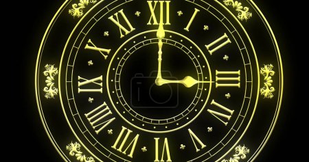 Photo for Image of clock showing midnight and fireworks exploding on black background. New year, new year's eve, party, celebration and tradition concept digitally generated image. - Royalty Free Image