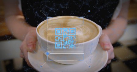Imagen de un escaneo de código QR azul con una red azul de conexión sobre una mujer caucásica sosteniendo una taza de café. Imagen compuesta digital