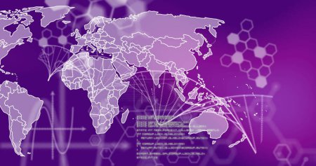 Image de filature d'ADN avec traitement de données sur carte du monde. concept global de science, de recherche et de traitement des données image générée numériquement.