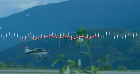 Image of heart rhythm and moving lines with numbers over airplane landing on runway. Digital composite, multiple exposure, electrocardiography, transportation and technology concept.