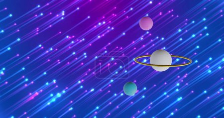 Téléchargez les photos : Image de sphères 3d multicolores sur des sentiers lumineux sur fond bleu. Concept abstrait, couleur, forme et mouvement image générée numériquement. - en image libre de droit