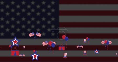 Téléchargez les photos : Image d'icônes américaines avec drapeau des États-Unis d'Amérique. Indépendance américaine, tradition et concept de célébration image générée numériquement. - en image libre de droit