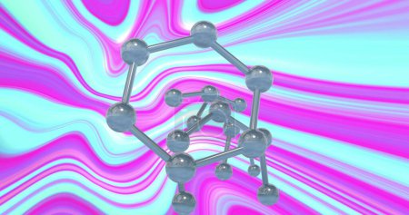 Téléchargez les photos : Image de micro de molécules modèles sur fond violet et bleu. Concept mondial de science, de recherche et de connexions image générée numériquement. - en image libre de droit
