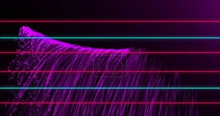 Foto de Imagen de líneas rosadas y verdes parpadeantes sobre la explosión de senderos de luz púrpura sobre fondo negro. concepto de color y movimiento imagen generada digitalmente. - Imagen libre de derechos